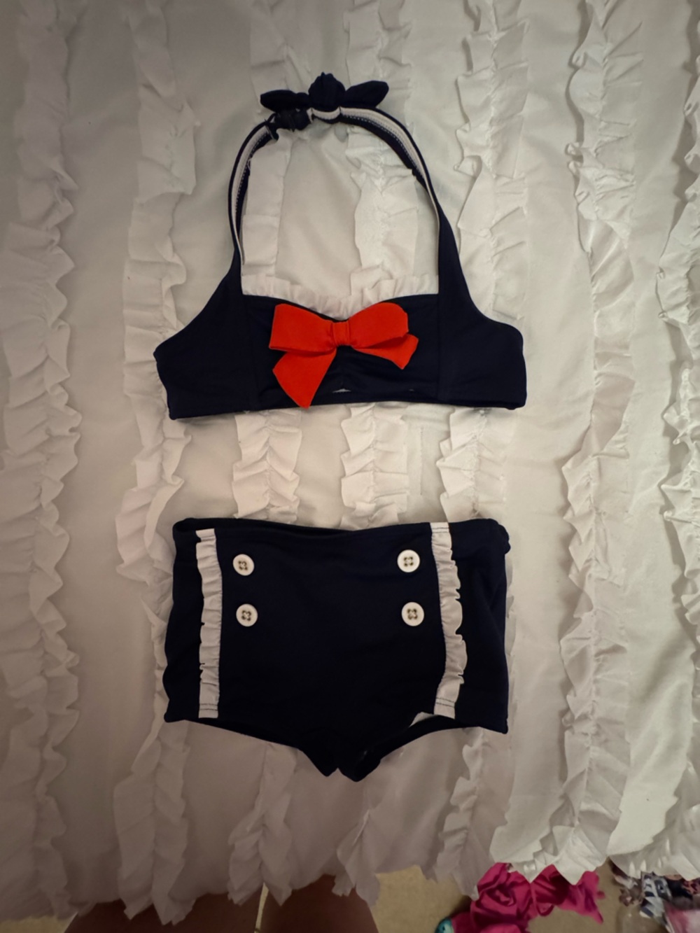Janie and Jack Navy Two-Piece Sailor Swim Set with Red Bow